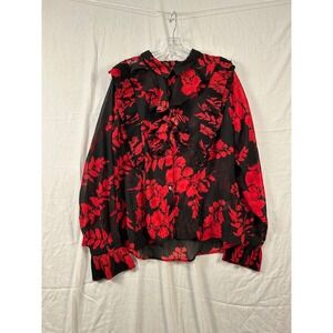 Fashion Nova Womens 2X Red Black Floral Sheer Ruffle Pleated Bell Blouse #2283